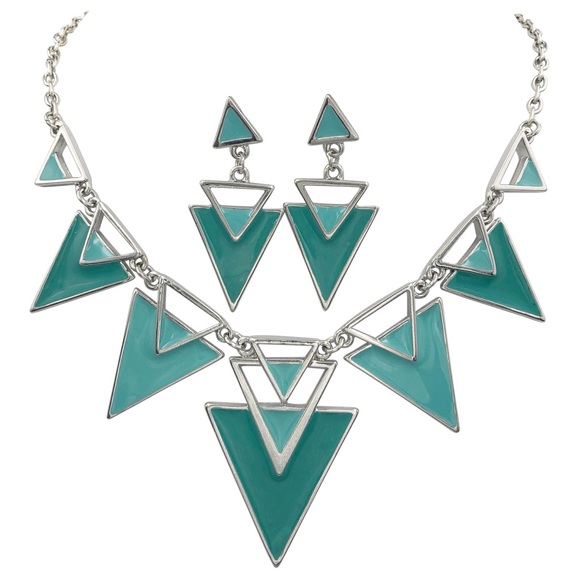 Aqua Blue Triangle Spike Flair Statement Silver Necklace Earrings Set - Picture 1 of 3